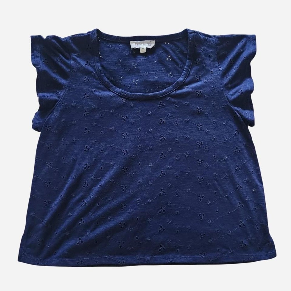 Pink Rose Eyelet Cropped Top Ruffled Sleeves Embroidered Navy Blue Relaxed Fit